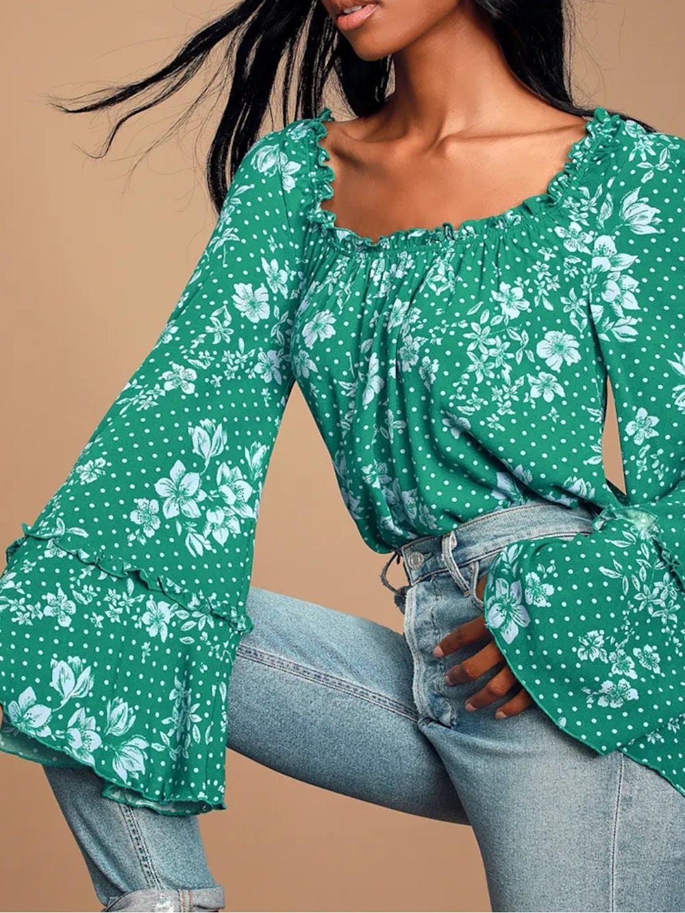Intimately by FP Green Floral Bell Sleeve Boho Top Thong Bodysuit Size Large